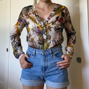 Zara sheer tropical floral long-sleeve blouse